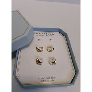 048 Unwritten set of 3 14K gold flash plated earrings hoops & CZ studs